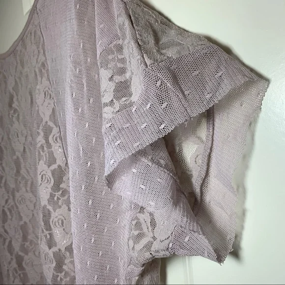 Frenchi lavender sheer lace short sleeve rose pullover top L - Picture 3 of 6